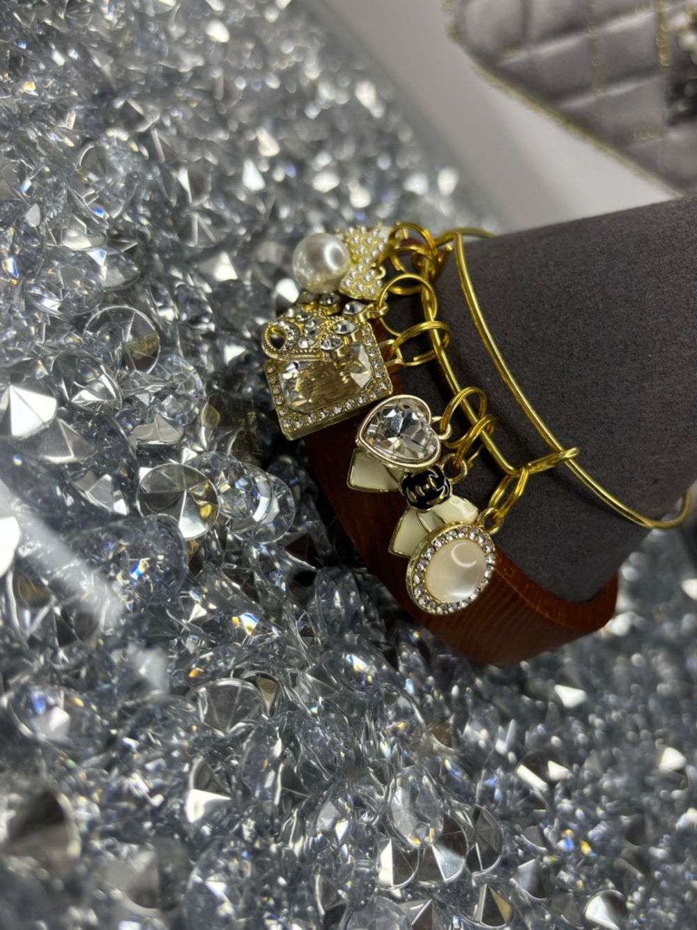 Gold Tone Charm Bangle Bracelet with Crystal & Pearl Accents - Picture 5 of 7